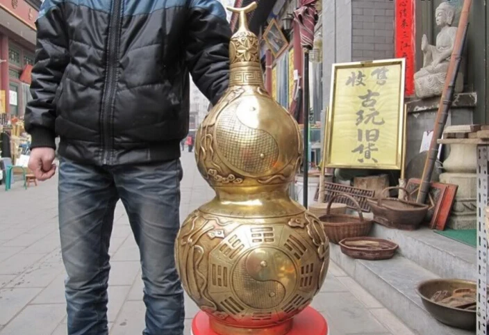 

USPS to USA S2967 China Copper Brass Feng Shui Yin and Yang Eight Diagrams Pot Vase gourd calabash