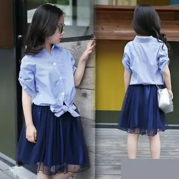 

2020 New Fashion Big Girls Suits Children Clothing Set For Teenage Tracksuit Kids Clothes Striped Blouses Shirts + Skirts 10 12