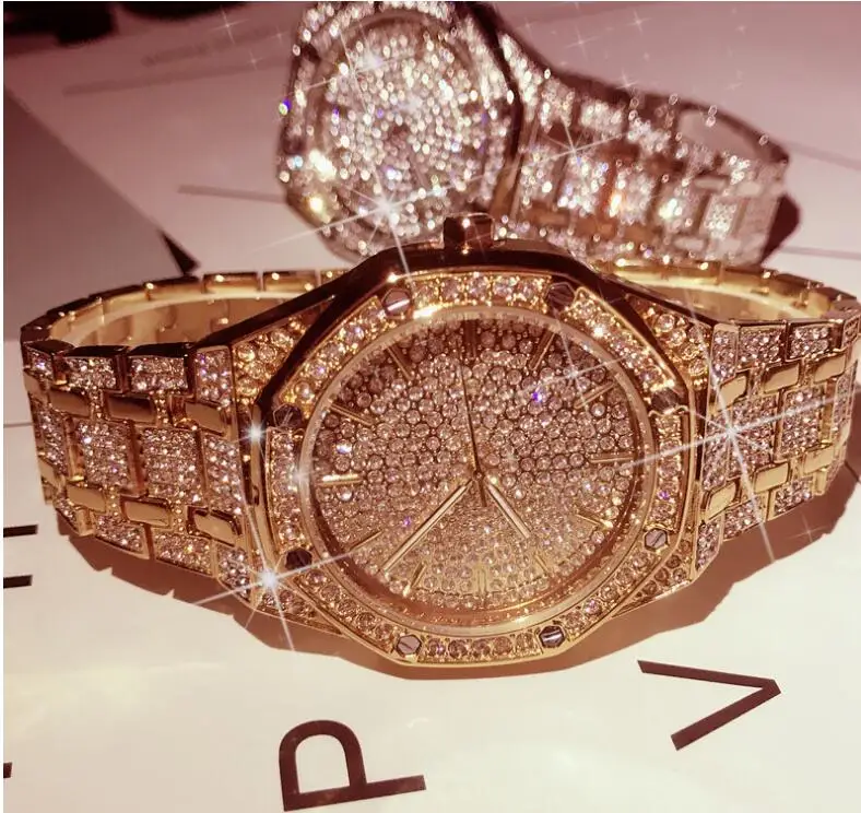

Men Watch luxury brand Crystal Bracelet Golden/Silver Plated Big Dial Male Ladies Shining Dress Quartz Wristwatches steel band