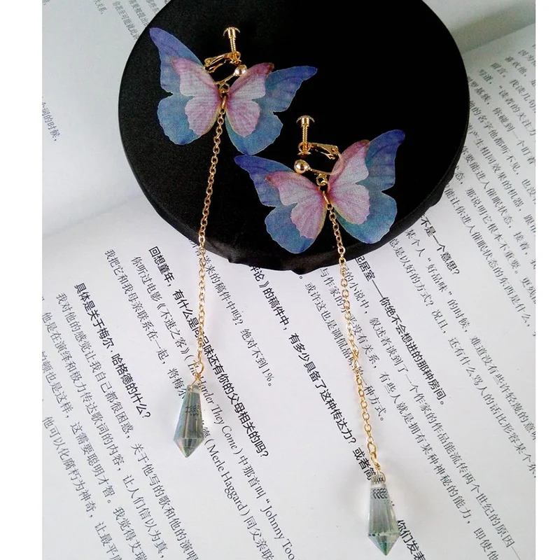 

Grace Jun New Design Gold Color Crystal Cloth Butterfly Clip on Earrings Without Pirecing for Women Elegant Jewelry Accessory