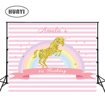 

photo backdrops Birthday banner pink and white stripes golden unicorn rainbow party background newborn props photo W-333