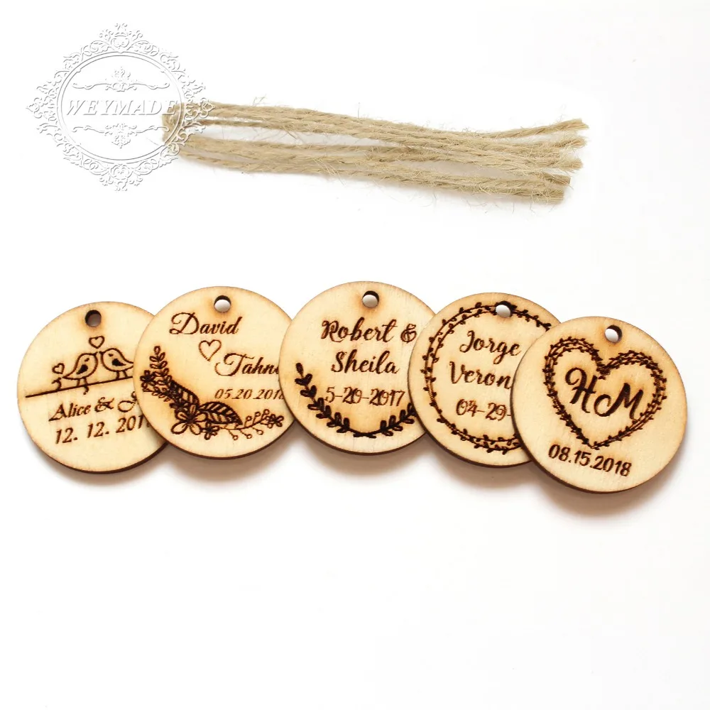 

50 * Personalized Engraved Rustic Christening Wooden Wine Charm Custom Bride Baptism Wood Label Wedding Round Favor Gifts Tags