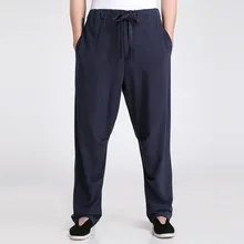 Темно-Синие китайские мужские брюки для кунг-фу, высококачественные хлопковые льняные брюки, повседневные свободные штаны средней посадки, Размеры S M L XL XXL XXXL WNS0318