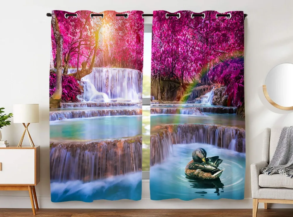 

HommomH Curtains (2 Panel) Grommet Top Darkening Blackout Room Beautiful Pink Forest Waterfall Rainbow Swan