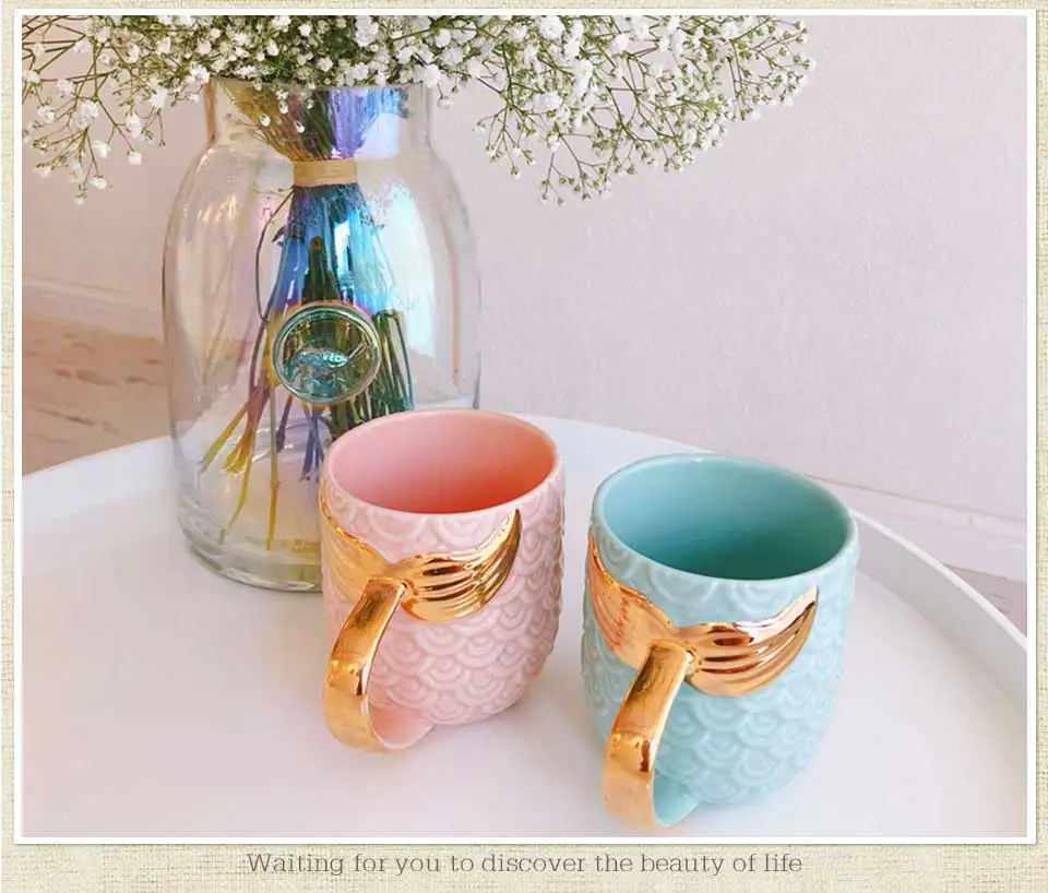400ML Coffee Mug Travel Tea Cups And Mugs Ceramic Porcelain Creative Morning Mug Set Gold Mermaid Golden Handle Milk Mug For Kid (2)