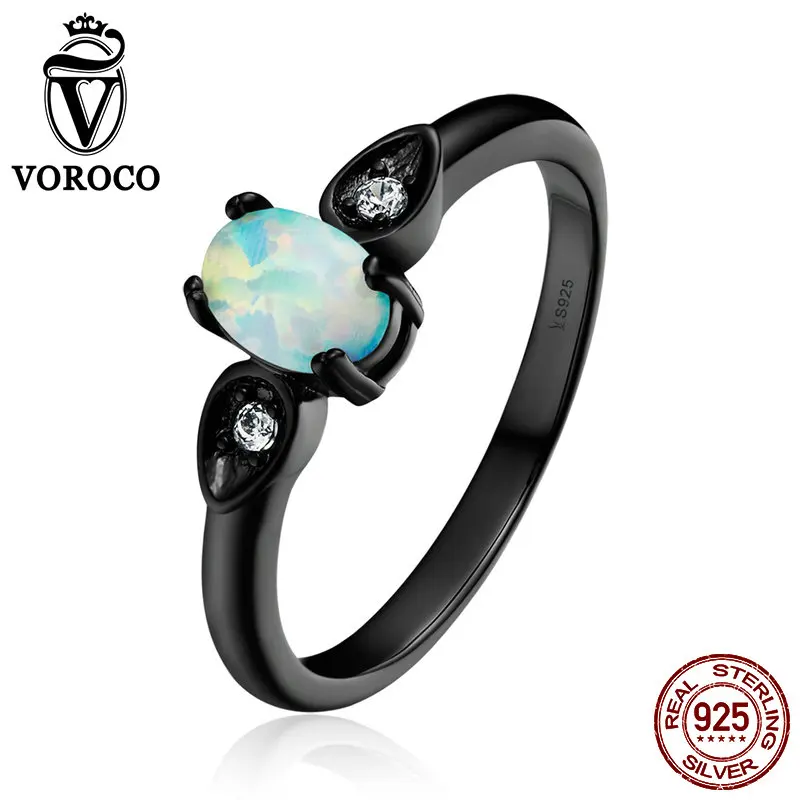 

VOROCO Fine 100% Genuine 925 Sterling Silver Simple Oval Shape Opal Finger Ring for Women Wedding Fine Jewelry Gift VSR066