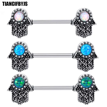 

TIANCIFBYJS Double Finger Opal Stone Fake Nipple Ring Barbell Bar Mens Womens Fashion Body Jewelry Tragus Earring Piercing 18pcs
