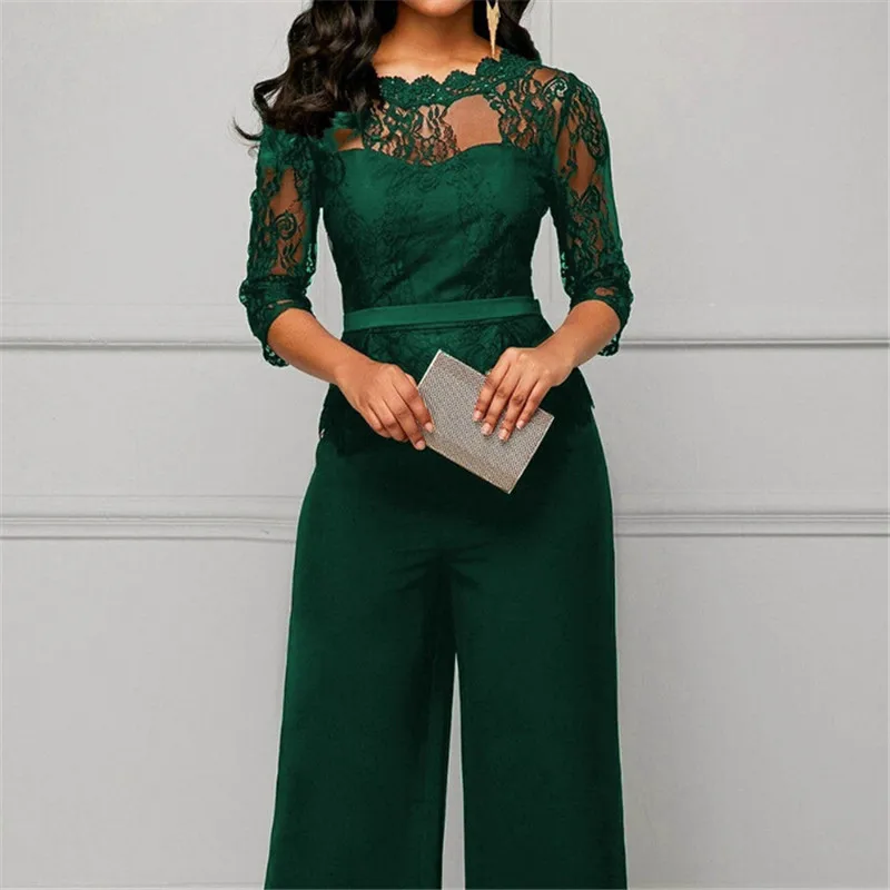 Fashion Women Plus Size Jumpsuit Hot Sale Loose Solid Color Playsuit Party Romper Half Lace Sleeve Party Elegant Long Jumpsuit Fashion Women Plus Size Jumpsuit Hot Sale Loose Solid Color Playsuit Party Romper Half Lace Sleeve Party Elegant Long Jumpsuit