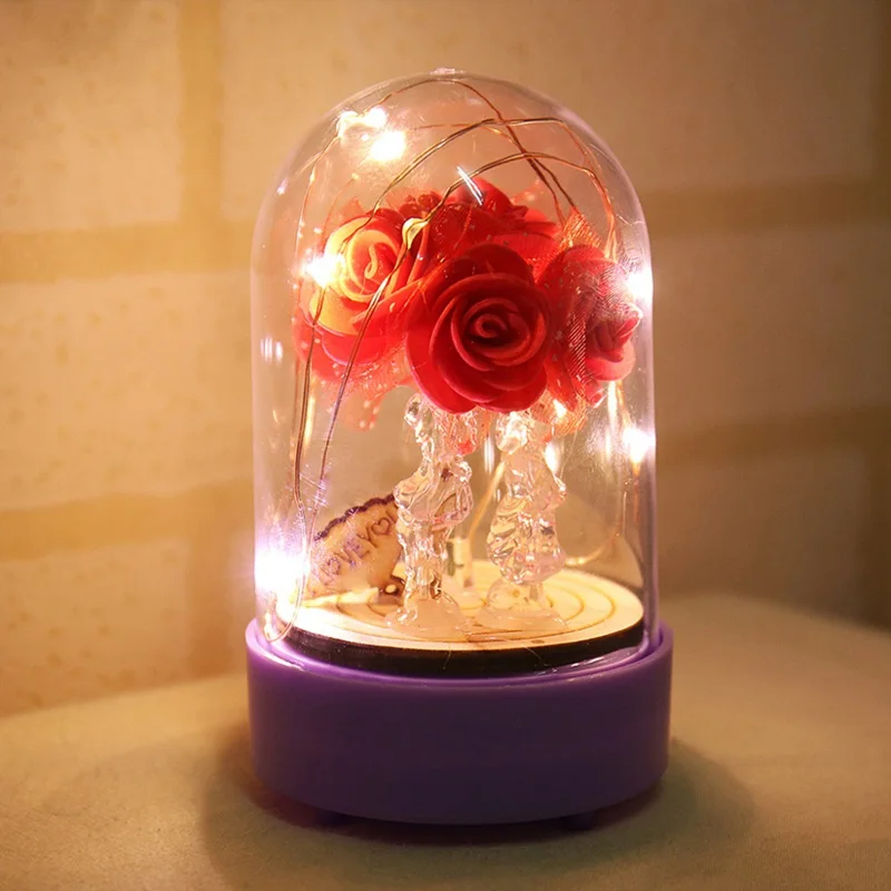 

LED Beauty Rose and Beast Battery Powered LED Music Night Light Best Decoration Bear Guitar Crafts Figurines Miniatures