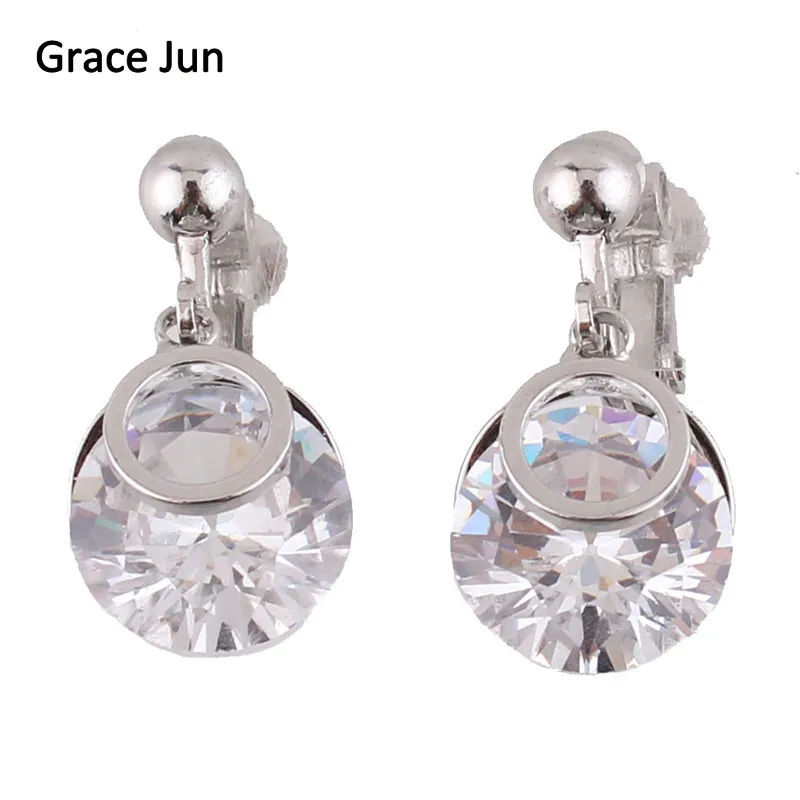 

Grace Jun New Arrival AAA CZ Round Clip on Earrings Without Piercing for Women Wedding Party Fine Jewelry Accessory Not Allergy