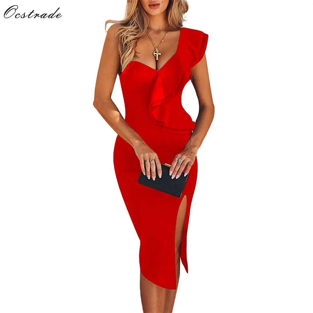 Tanie Ocstrade New Arrival 2019 kobiety jedna opaska na ramię sukienka elegancka Ruffles czerwona sukienka bandażowa Bodycon seksowna nocna impreza sukienka klubowa