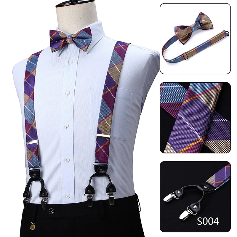 Для мужчин подтяжки плед вечерние свадебные различные классические 6 клипы Pre-Tied Bow tie Pocket Square Set Y Форма регулируемый подтяжки S01