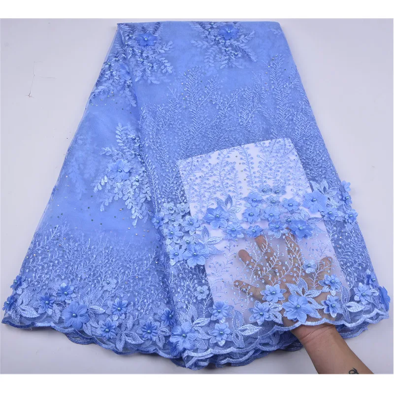 Sky Blue French Lace Fabric 3D Flowers Embroidered African Tulle Lace Fabric With Beads African Lace Fabric For Wedding A1255