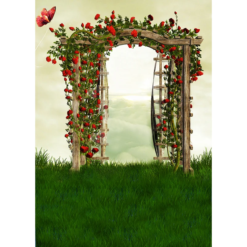 5x7ft Red Rose Flowers Gate Entrance Wedding Door Washable Winkle