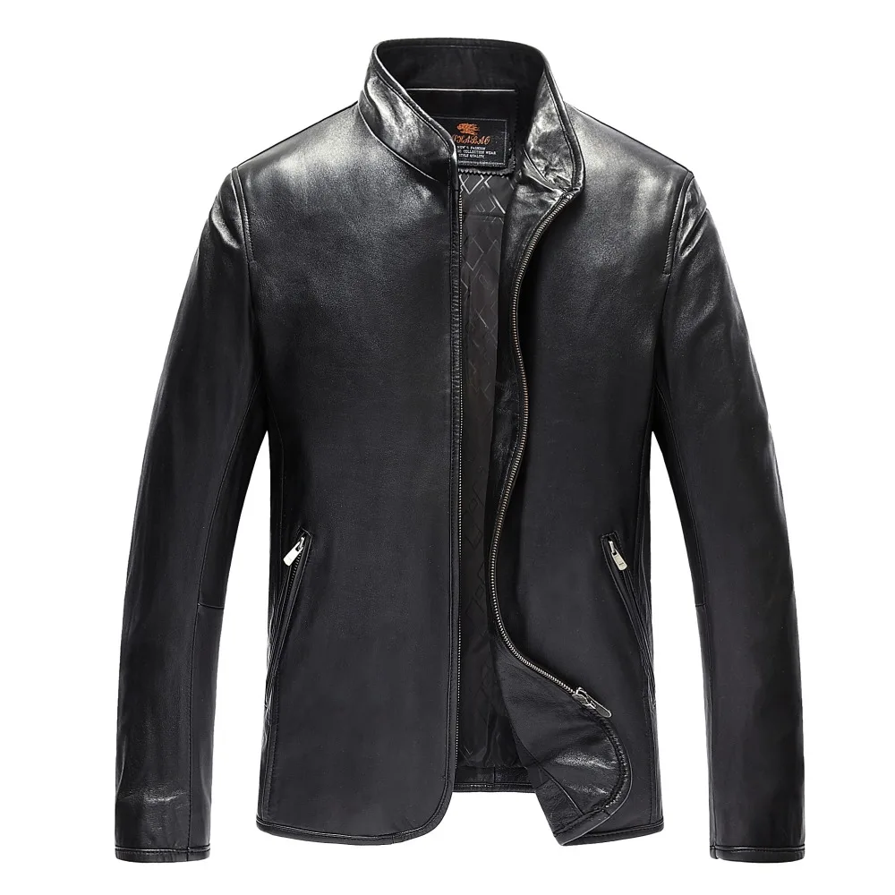 Luxury Brand mens leather jackets and coats Genunie sheepskin fashion designer Slim Black coats