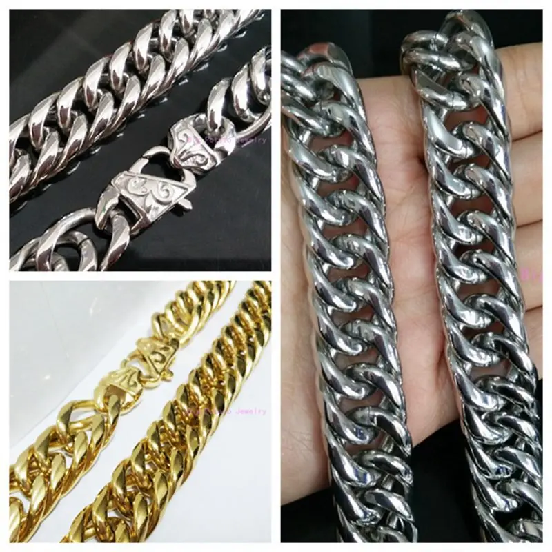 

Heavy Huge 16mm Wide Silver Gold Cuban Curb Link Chain Stainless Steel Necklace/Bracelet Biker Men Jewelry 7-40inch Custom Sizes