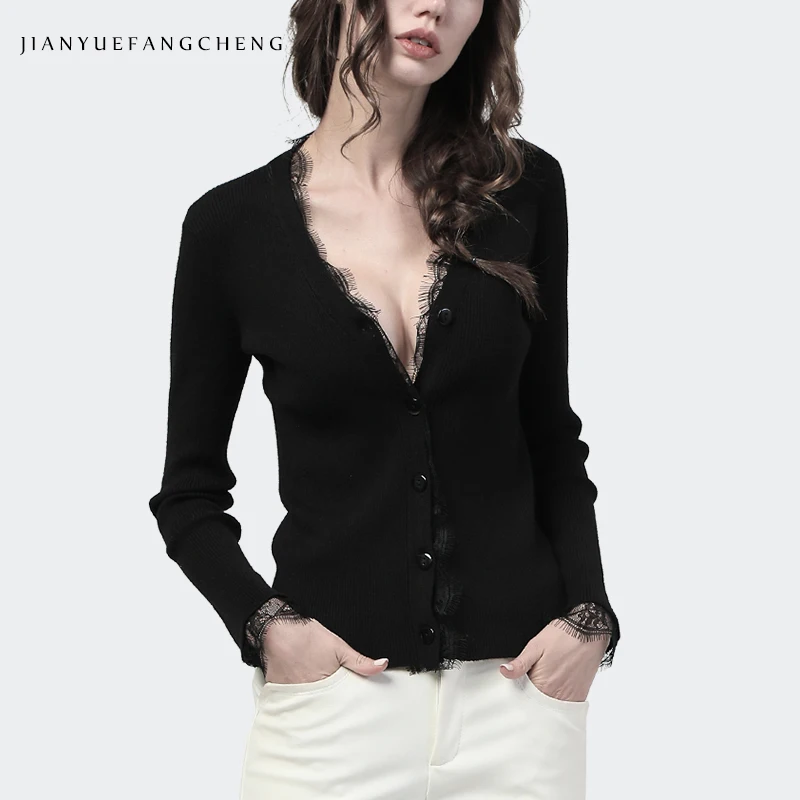 

New 2019 Spring Sexy Black V-neck Knitting Womens Blouses And Tops Lace Sweater Opening Button Slim Long Sleeve Streetwear Cloth