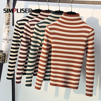 

Stretch Basic Women Knitted Tops Striped Long Sleeve Female Sweaters Turtleneck All match Knitting Shirts Ladies Pullovers 2019