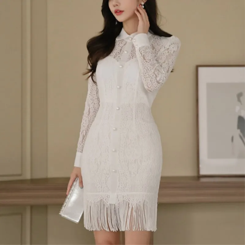 2018 Elegant White Tassel Lace Dress Long Sleeve Hollow out Slim Formal