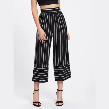 

2017 New Women ladies Fashion High Waist Wide Leg loose Pants Striped Bell bottom casual Ankle-length Trousers
