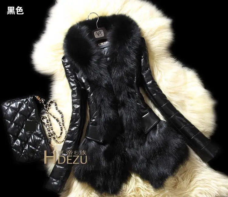 PU Leather Faux Fur Women Coat 2021 Casual Fluffy Coat Black Faux Fur Collar Jacket Coat