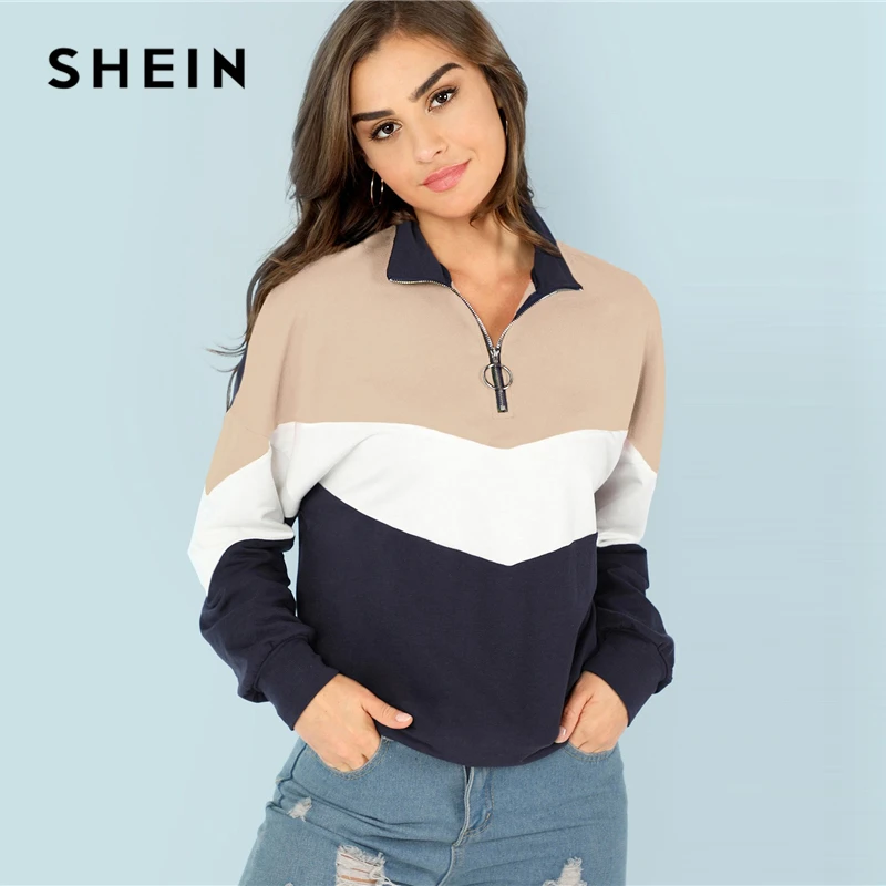  SHEIN Multicolor O-Ring Zip Front Cut and Sew Pullover Women Casual Long Sleeve Sweatshirt Women Au