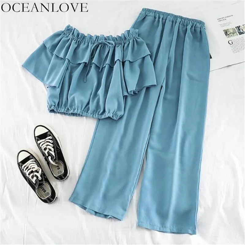 

OCEANLOVE Korean Conjuntos De Mujer Slash Neck Off Shoulder Blouse + Solid Elastic High Waist Wide Leg Pants Two Piece Set 11789