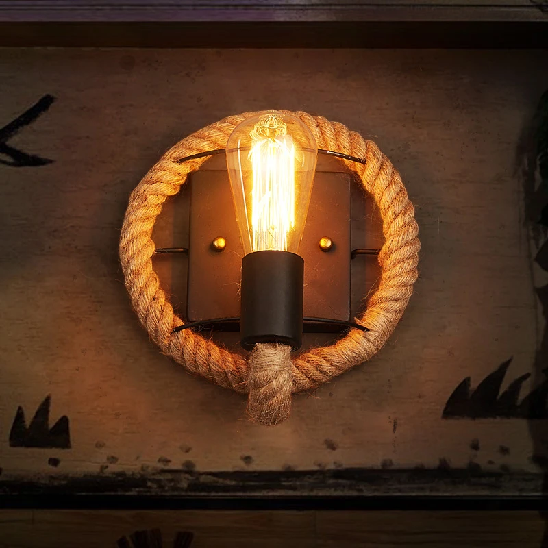 

Vintage LED Round Rope Hemp Wall Lamp Rope Edison Wall Lights Stairs Bar Wall Candlle Lights Iron Wall Art Decor Home Sconce