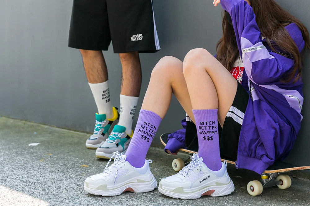 Новые мужские и женские забавные носки в стиле хип-хоп модные ворсистые носки с буквами фиолетовые длинные носки в японском стиле Harajuku уличная одежда