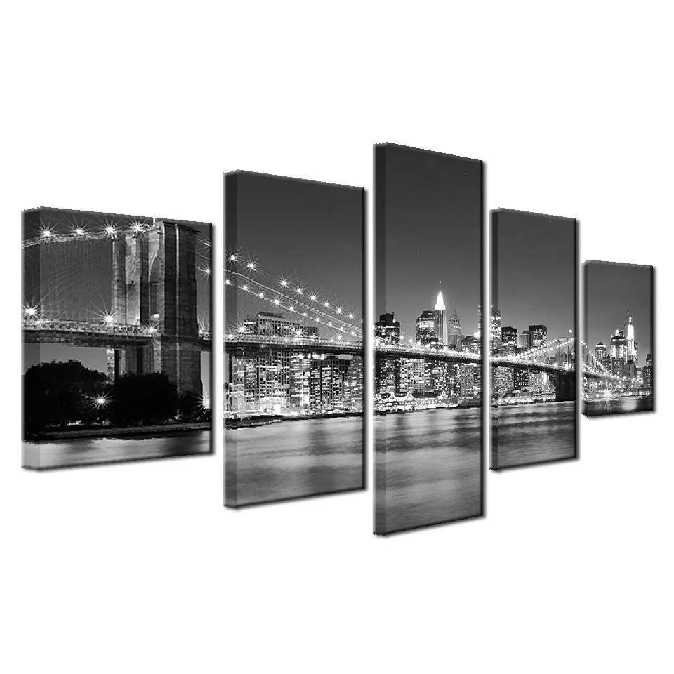 Холст HD принты картины рамки 5 шт. черный белый Бруклинский мост город ночной вид картины дома стены Искусство Декор плакаты