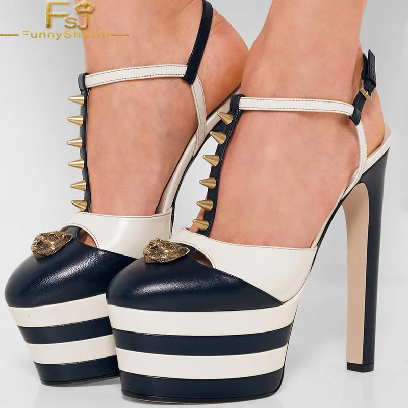 

Gold Rivets And Metallic Decoration Heels Black and White Slingback Platform Stiletto Heel Sandals Summer Shoes Woman 4-16 FSJ