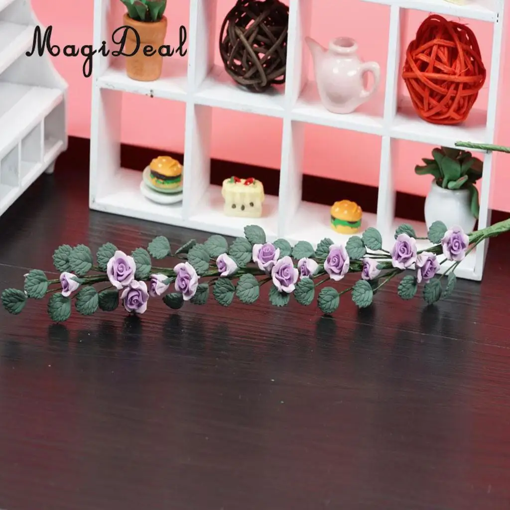 1/12 Scale Handmade Clay Boston Ivy Leaves String Rose Bouquet Dollhouse Indoor Outdoor Furniture Decor Kids Pretend Play Red