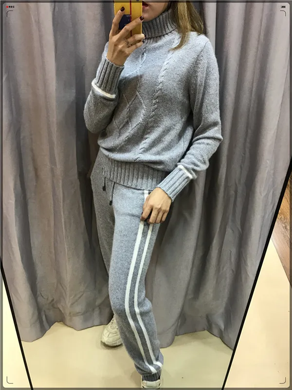 

Tracksuits Rushed Wool Bamboo Fiber Full Turtleneck Fashion Winter Warm Cashmere Suit 2018 New Sweater + Trousers Two Sets Of