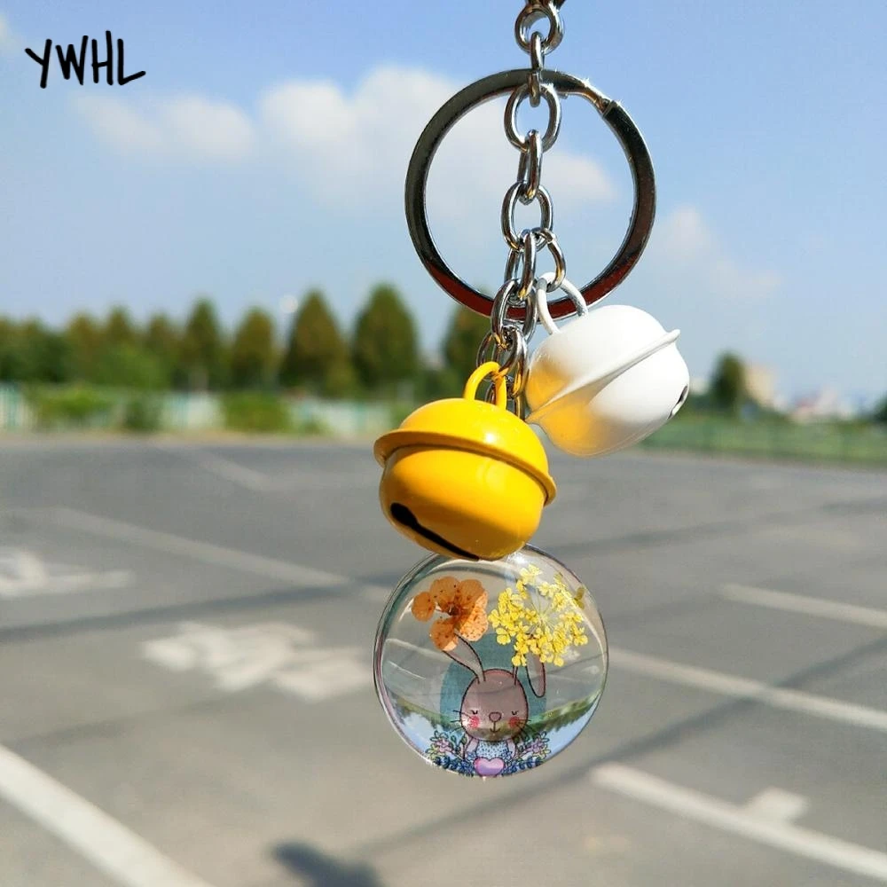

Cute anime bunny Glass ball key chain Natural plant flower keychain Gift for girl ，Multiple color bells stainless steel jewelry