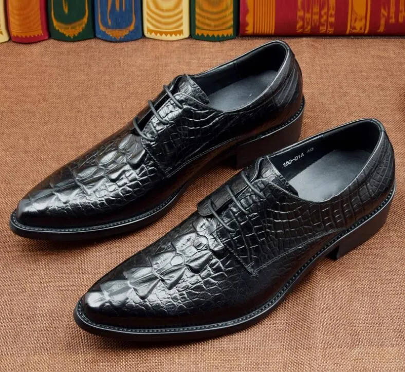 

Dress shoes men pointed toes genuine leather lace up Alligator Pattern smart casual shoes low heel height increasing shoes