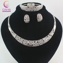 Moda Dubai Plateado Joyería Del Rhinestone Lleno de Moda Nigeriano Boda Perlas Africanas Set Regalo Del Partido