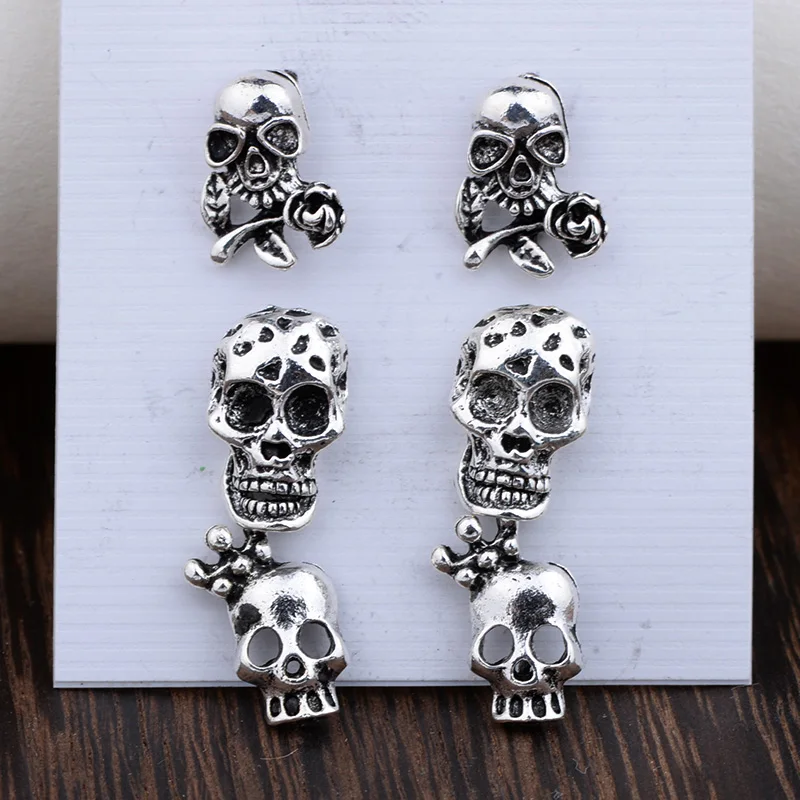 

3 Pairs/Set Vintage Antique Silver Color Cool Punk Skull Earring Sets Cheap Jewelry Gift For Women Girls