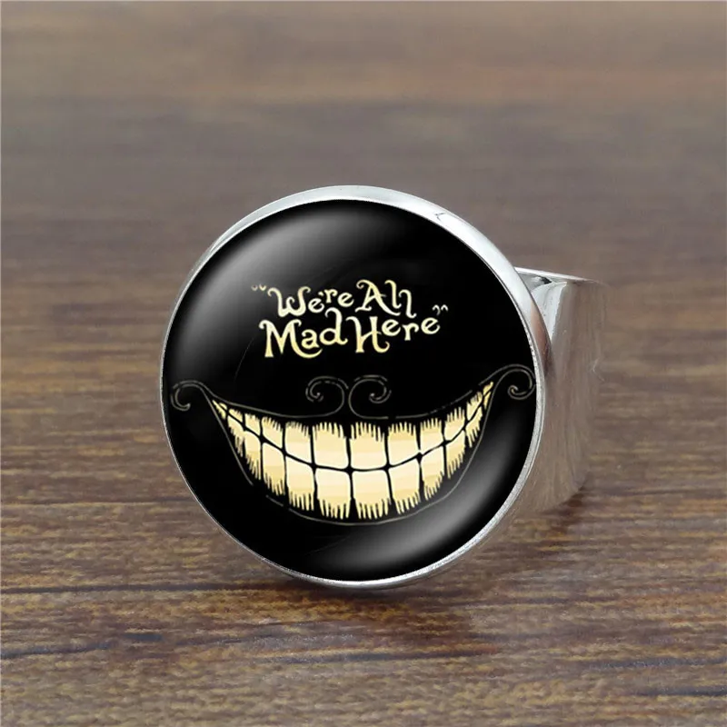 

Alice In Wonderland Vintage Ring Art Glass Dome Cheshire Cat Rings for Women Jewelry Silver Ring Adjustable
