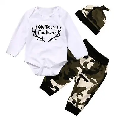 

3 pcs suit Newborn Baby Boys Clothes Tops Romper + Camouflage Pants + Hat Outfits Set