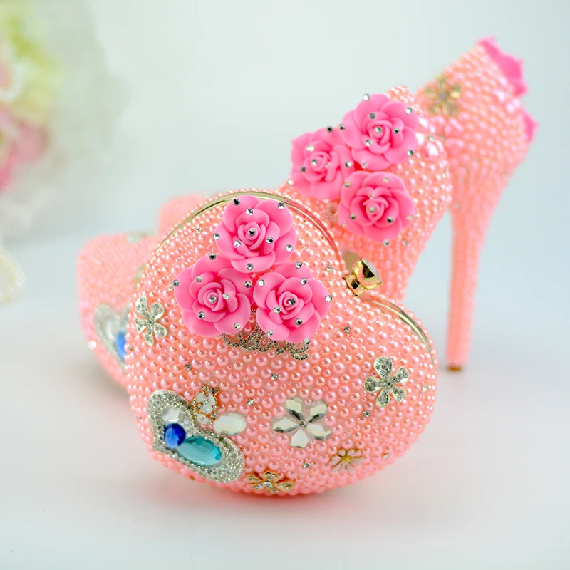 Комплект из туфель и сумочки, туфли-лодочки принцессы с розовыми жемчужинами и стразами, женские милые Роскошные туфли на танкетке и платформе, свадебные туфли на высоком каблуке 14 см