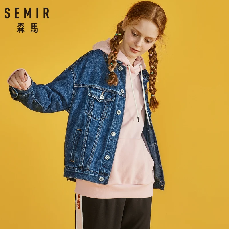 SEMIR Women Hooded Oversized Denim Jacket with Destruction Women's Boyfriend Denim Jacket with Chest Pocket and Slant Pocket