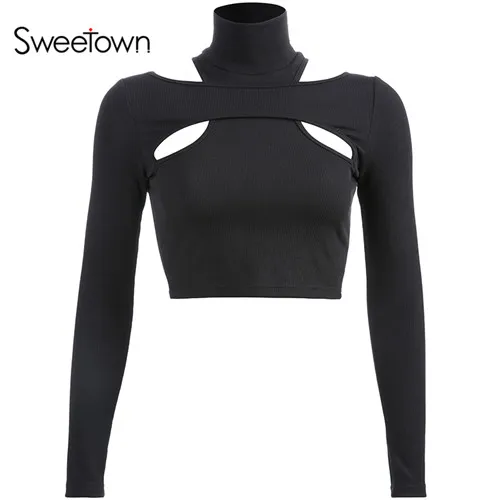 Sweetown, черная водолазка, зимняя рубашка, для женщин, с длинным рукавом, Рождество, футболки, шикарный, сексуальный, полый, тощий, базовый, укороченный топ, манга, Ларга - Цвет: black