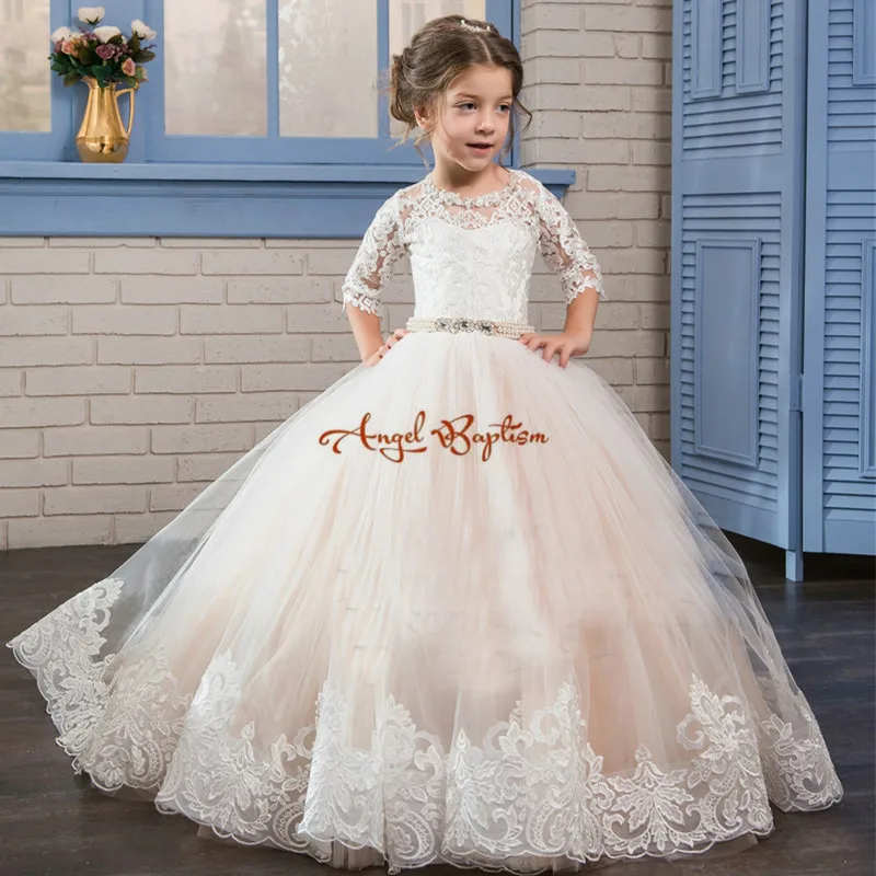 2017 lovely white ball gown flower girl dresses appliqued tulle lace with bead sash kids first communion gowns