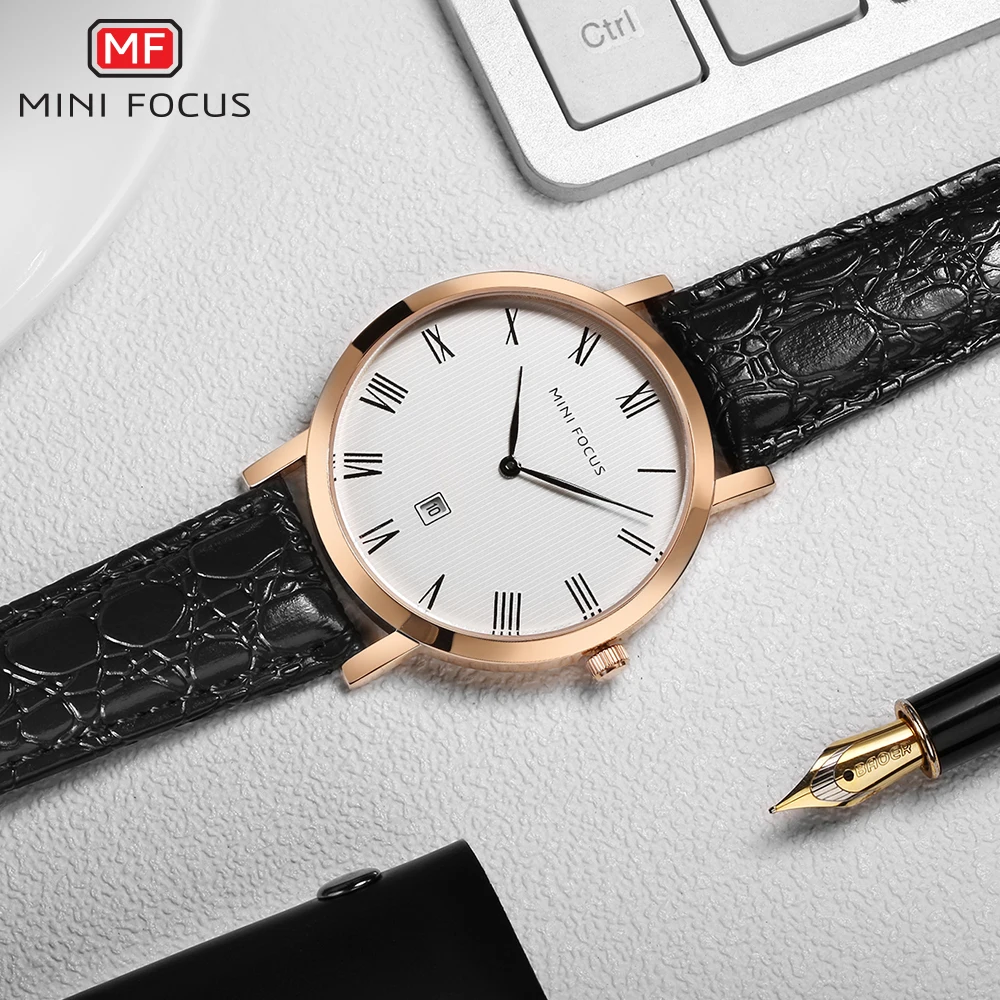 MINI FOCUS Men's Fashion Ultra-thin Dial Wristwatch Top Brand Luxury Genuine Leather Business Quartz Date Display Men WristWatch