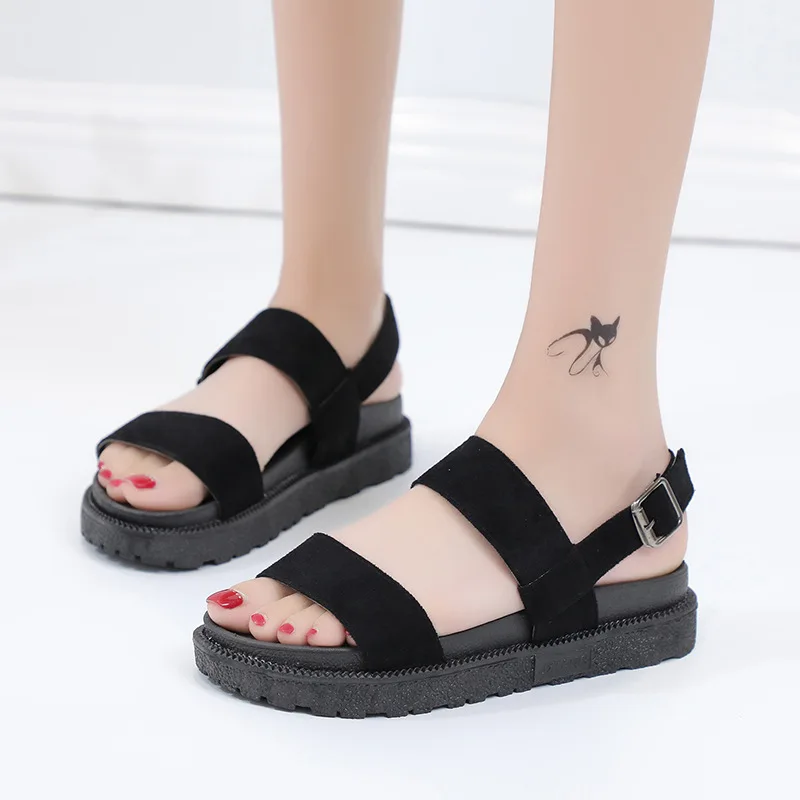 

Fashion Open Toe Flat Platform Flat with Women Sandals Front Rear Strap Shallow Basic Women Shoes Solid Buckle Strap Sandals