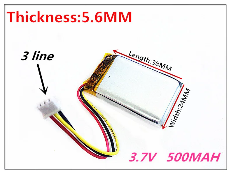 

3 thread 3.7V 500mAH 562438 PLIB polymer lithium ion / Li-ion battery for Smart watch mp3 mp4