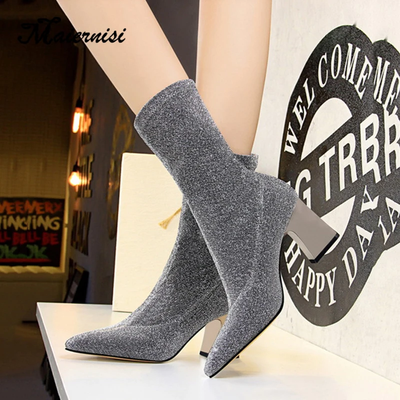 

MAIERNISI Women Mid-Calf Sock Boots 2019 Fashion Spring Autumn Stretch Boots Chunky High Heels Pointed Toe Ladies Shoes