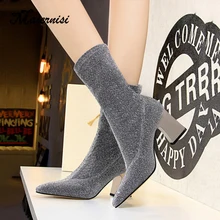 MAIERNISI Women Mid-Calf Sock Boots 2019 Fashion Spring Autumn Stretch Boots Chunky High Heels Pointed Toe Ladies Shoes цена MAIERNISI Women Mid-Calf Sock Boots 2019 Fashion Spring Autumn Stretch Boots Chunky High Heels Pointed Toe Ladies Shoes цены онлайн