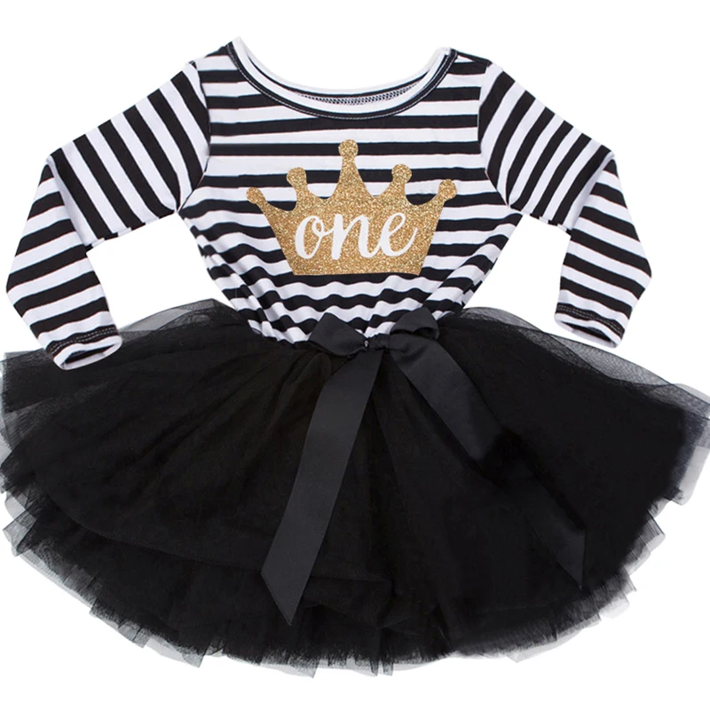 

New Fashion Cute Newborn Dress For Christening Striped Crown Pattern One Two Year Birthday Pageant Wedding Baptism Gowns Dresses