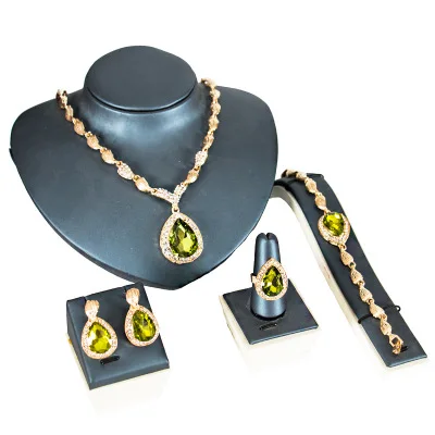 Модный золотой цвет синий красный, зеленый камень свадебный ювелирный набор 5 шт. кристалл ожерелье браслет, серьги, кольцо набор для женщин Свадьба - Окраска металла: Green jewelry set